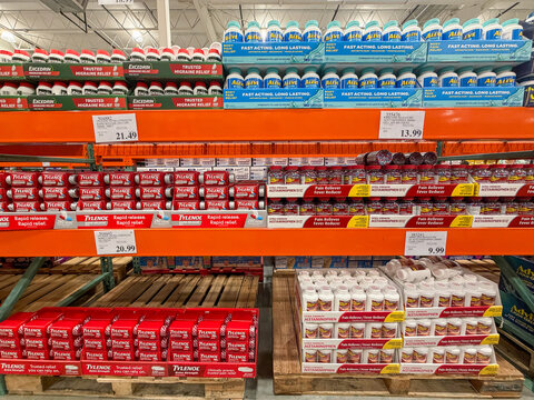 Tylenol, Excedrin and Aleve pain relievers displayed for sale at a Costco warehouse in Kalamazoo, Michigan, on August 27, 2026.
