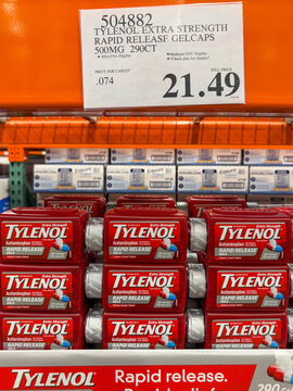 Tylenol pain reliever products displayed at a Costco warehouse in Kalamazoo, Michigan, on August 27, 2026.