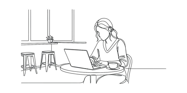 Continuous line drawing of a woman working on a laptop at a cafe.