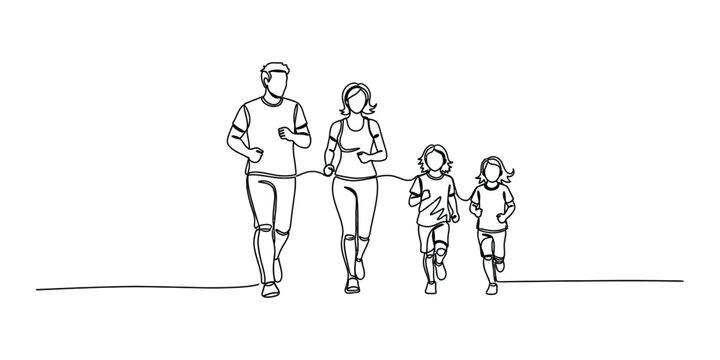 Continuous one line drawing of a happy family running together.