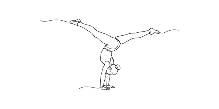Continuous one line drawing of a woman doing a handstand.