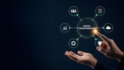 Fototapeta premium Businessman touching a digital interface showing business communication icons and networking connection concepts