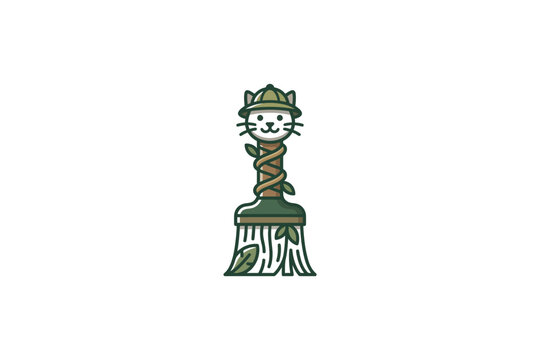 Creative cat brush logo illustration with organic plant and tree elements.
