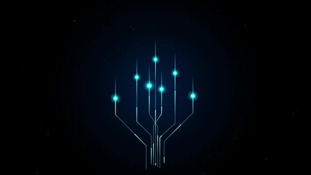 Digital neural network tree animation: glowing circuitry data connection background