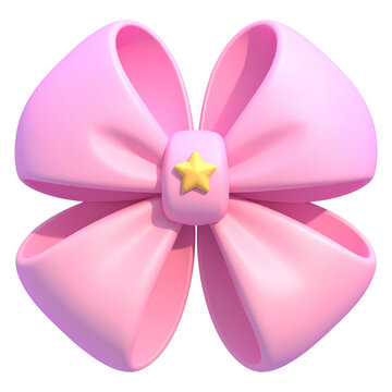 Shiny pink decorative bow 3d render with star center for holiday present wrapping and sweet retail sale banners