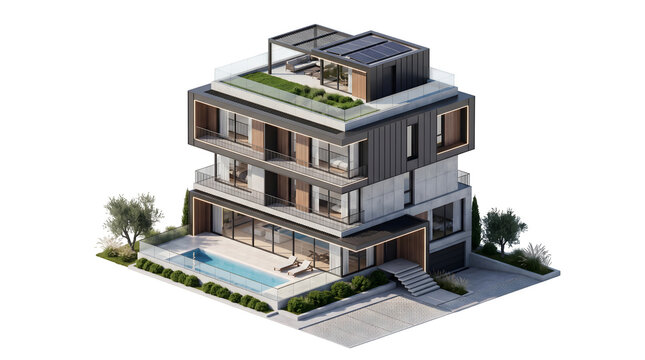 Modern luxury three story villa with rooftop terrace swimming pool and contemporary architectural design isolated background
