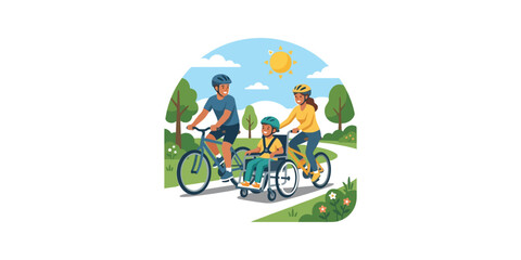 Fototapeta premium Family Enjoying A Bike Ride Together With A Child In A Wheelchair.