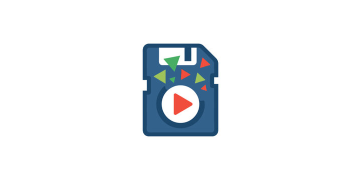 Floppy disk icon with a play button and colorful geometric shapes.