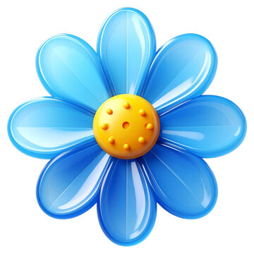 Glossy blue daisy flower 3d render with yellow center for spring floral pattern creation and summer app icons