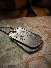 Naklejka premium military dog tag lying on vintage topographical map. army identification, soldier identity concept. war, veteran, history, navigation theme. background for poster, print design.