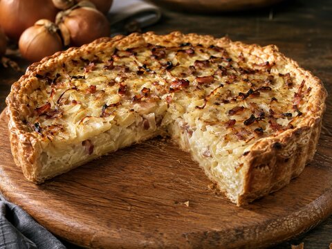 Angeschnittener deutscher Zwiebelkuchen mit cremiger Zwiebel-Speck-F&uuml;llung und knusprigem Rand auf rustikalem Holzbrett &ndash; traditionelle herzhafte Herbstk&uuml;che.