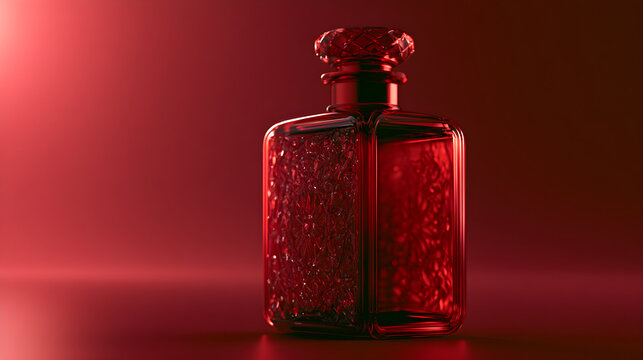 Minimal Red Perfume Bottle Combines Right Aligned Composition and Gentle Cinematic Light in Clear Red Background