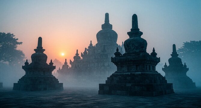 Ancient Buddhist Stupas in Misty Sunrise Landscape at Borobudur Temple
