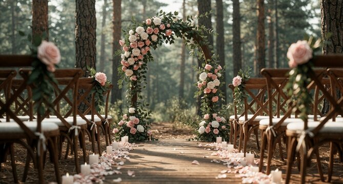 Rustic Forest Wedding Ceremony with Floral Arch and Wooden Chairs