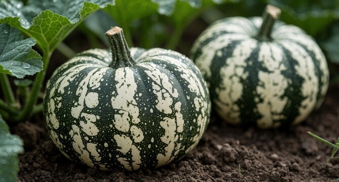Two Green and White Striped Pumpkins Growing in Garden Soil