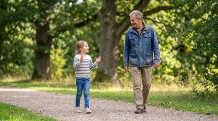 Fototapeta premium Active grandfather listening attentively to his young granddaughter while walking in a park