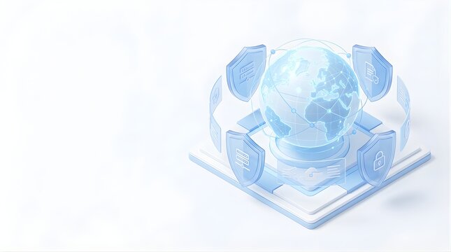 Global digital data security concept with isometric shields and world globe