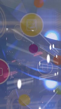 Animation of digital icons and round scanner against screens of network of connections