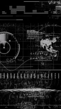 Digital video depicts VHS glitch, equations, and cyber security in green and black.