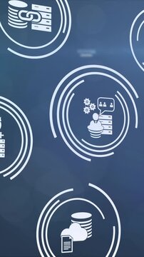 Multiple digital icons over light trails and light spots against blue background