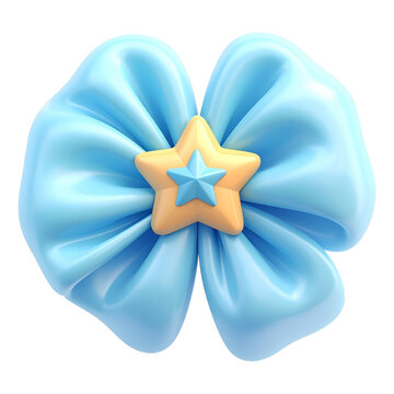 Glossy blue flower bow 3d icon with center star for festive gift decoration and luxury greeting card graphics