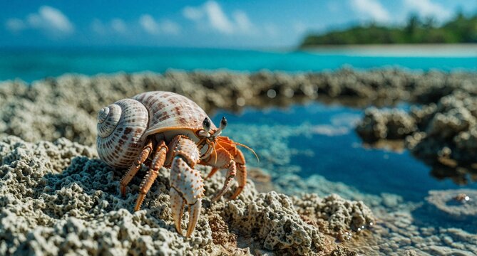Hermit Crab in Shell on Tropical Beach with Turquoise Ocean Background