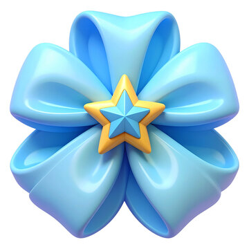 Shiny blue floral bow 3d illustration with star accent for holiday package wrap and retail sale promo banners