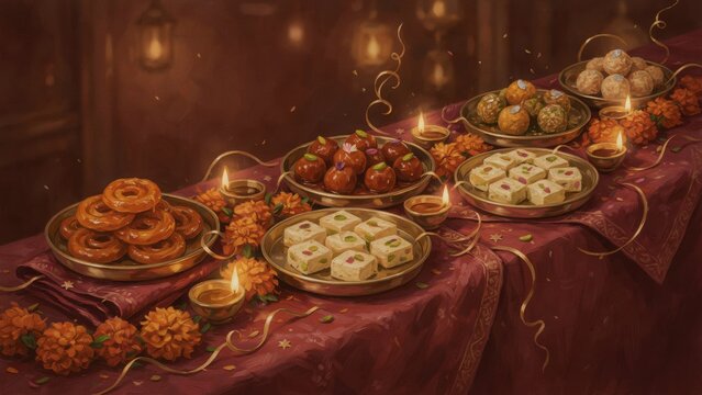 Traditional Indian sweets arranged on a festive table for Diwali celebration