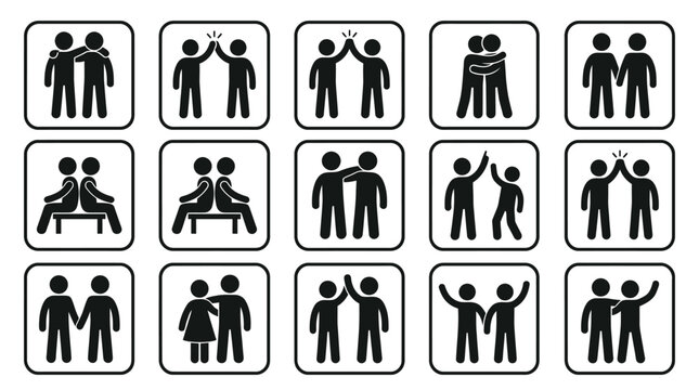 Black and white vector illustration set featuring various friendly human stick figures interacting in square frames