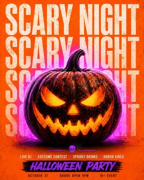 Scary Halloween party poster with glowing pumpkin
