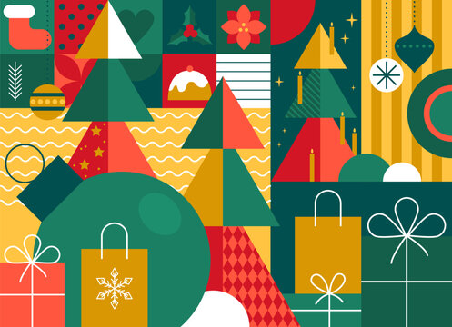 Christmas symbols. Merry Christmas. Christmas abstract geometric background with simple shapes, celebration symbol, holiday food. Creative modern art. Bauhaus style Merry Christmas poster. Sale