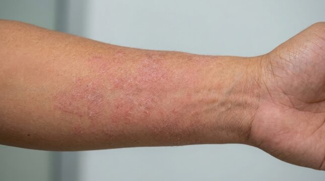 Close up of a human arm showing signs of skin rash or allergic reaction