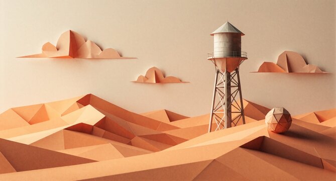 Minimalist Paper Craft Desert Landscape with Water Tower and Clouds