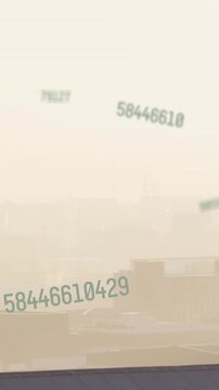 Animation of multiple changing numbers floating against aerial view of cityscape
