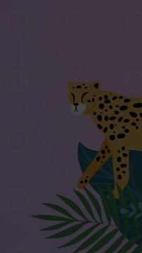 Animation of plant leaves over cheetah and exotic plants with copy space over dark background