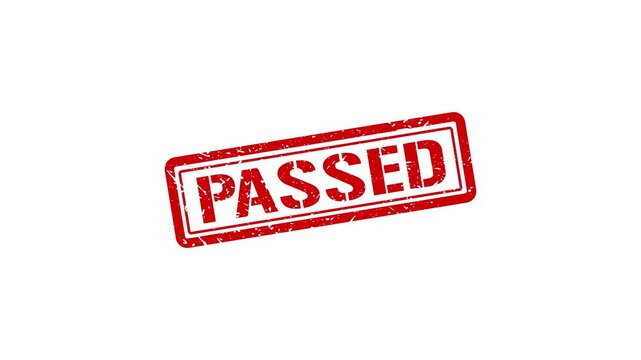 Red passed rubber stamp impression animation on white background, approval approved