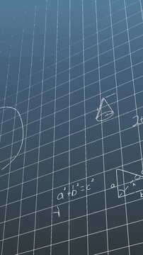 Animation of mathematical equations and diagrams over grid pattern against blue background