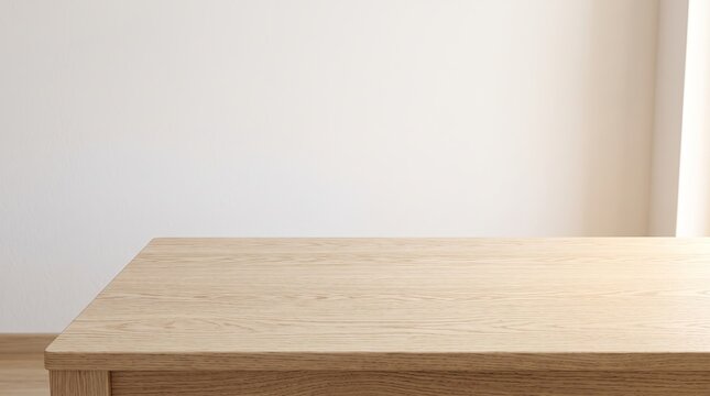An empty wooden table top against a soft, out-of-focus background, ideal for product placement or showcasing small items.