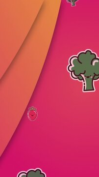 Animation of falling broccoli and tomatoes over abstract pattern against pink background
