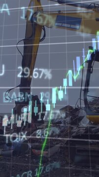 Animation of graphs and trading board, man operating crane and grabbing scrap in junkyard