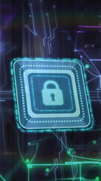 Animation of padlock icon and digital data processing over computer servers