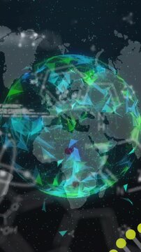 Animation of dna and scientific data processing over globe and world map on black