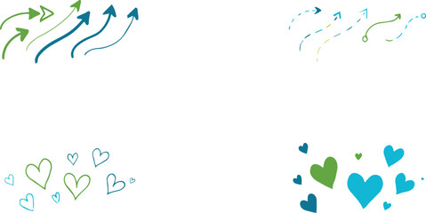 Fototapeta premium Set of blue and green hand drawn arrows and heart shapes isolated on a black background, for and decoration