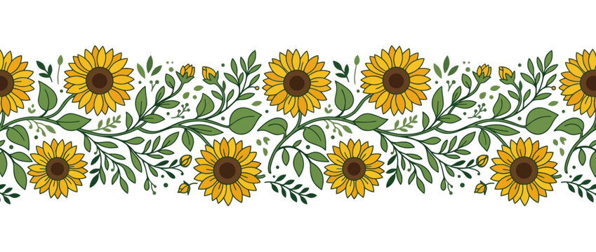 Seamless Sunflower Border with Green Leaves and Buds - Vector Illustration