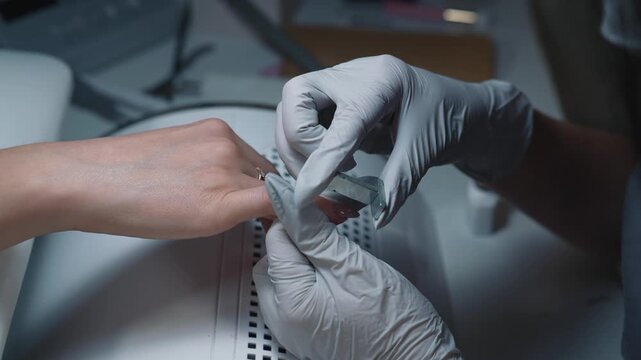 Nail technician moves glitter particles with magnet during manicure, creating a shimmering cat eye pattern in magnetic gel polish on the nail