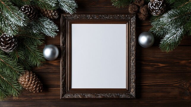 Blank Wooden Frame Mockup with Christmas Pine Branches, Pinecones and Silver Ornaments on Dark Wood