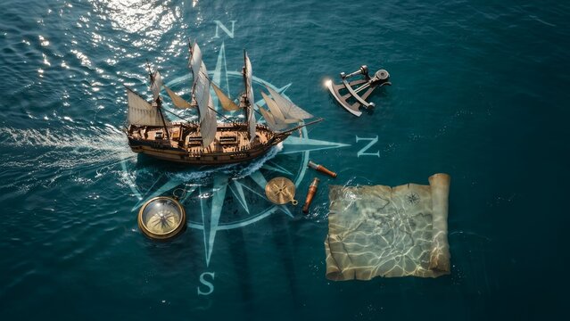 Vintage sailing ship on ocean with compass rose, antique nautical map and sextant navigation tools, maritime adventure concept
