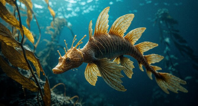 Lionfish Swimming in Deep Blue Ocean Water with Kelp Forest Background