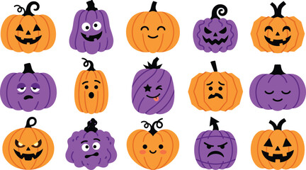 Fototapeta premium Cute Halloween Pumpkin Clipart Collection with Colorful Jack O Lantern Illustrations for Seasonal Decorations, Stickers, Cards, Crafts and Creative Design Projects