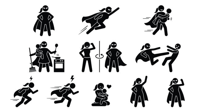 Super mom vector illustration showing various daily activities and heroic powers for modern graphic design projects